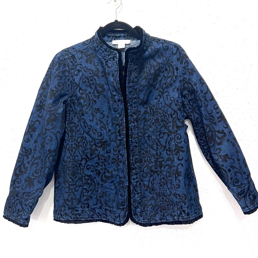 Liz Claiborne Blue and Black Jean Jacket with‎ velvet Design XL